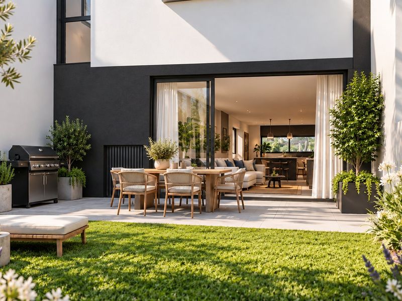 A modern rear exterior featuring a paved patio area, landscaped garden, and seamless indoor-outdoor flow through large sliding glass doors.
