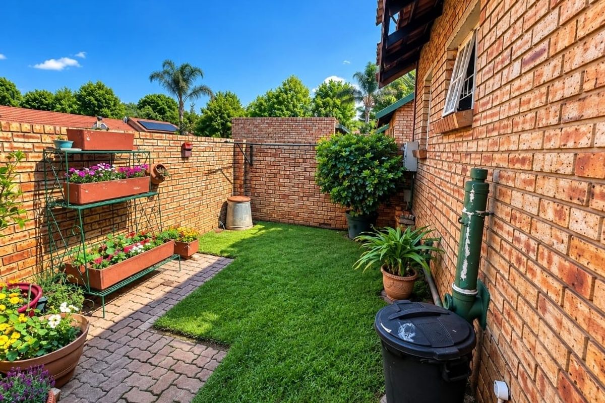 A private rear garden area featuring a brick boundary wall, paved walkway, and a small lawn section.