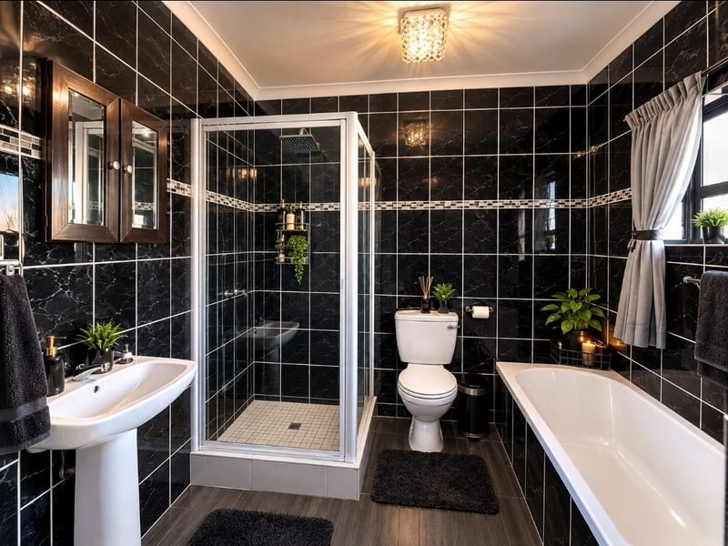 Modern bathroom featuring black marble-effect wall tiles, a separate shower enclosure, a bathtub, and a pedestal basin with contemporary fixtures.