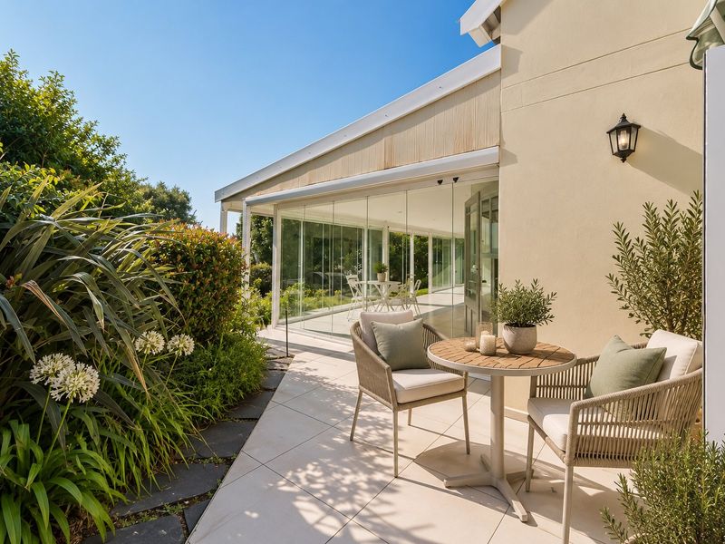 A well-maintained covered patio featuring tiled flooring and glass sliding doors, providing a seamless transition to the landscaped garden area.