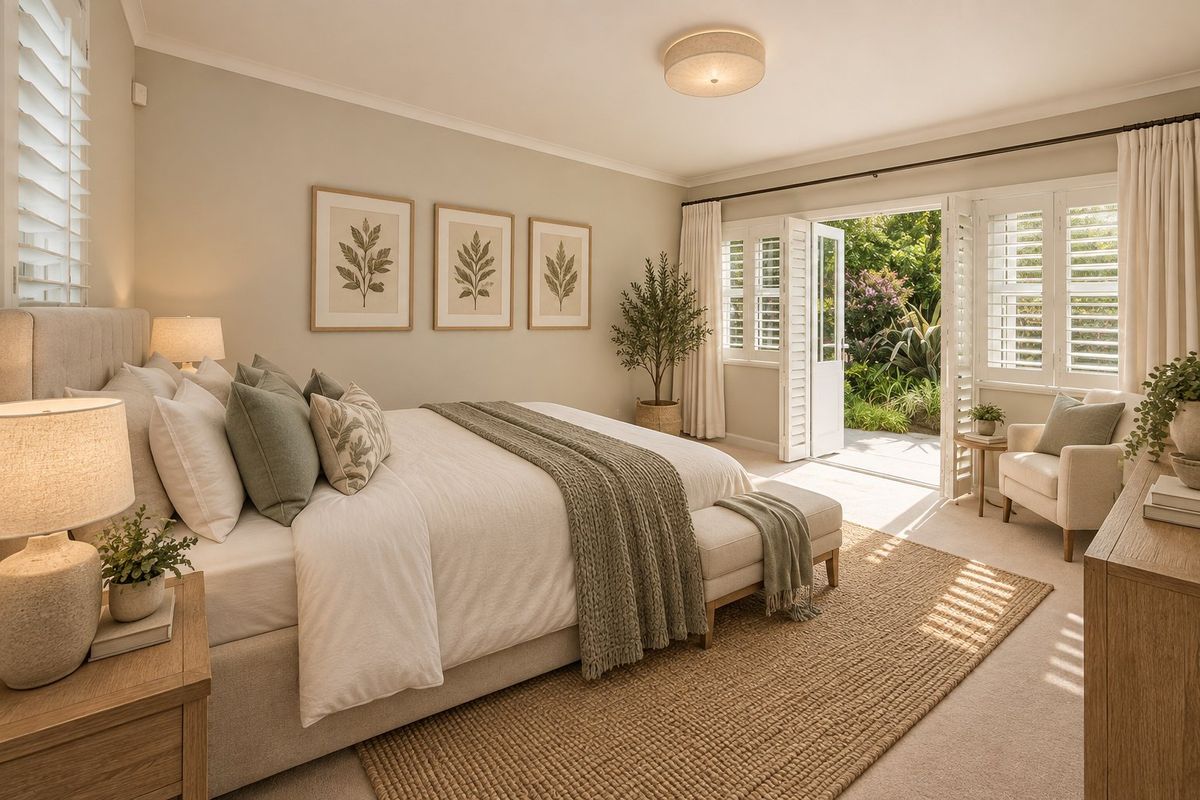 A bright and well-maintained bedroom featuring plantation shutters and direct access to a private garden patio through elegant french doors.