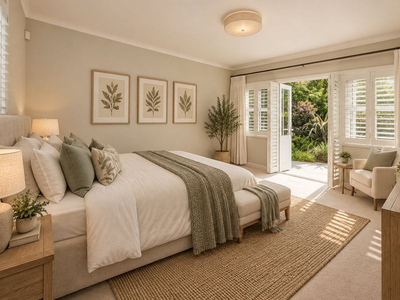 A bright and well-maintained bedroom featuring plantation shutters and direct access to a private garden patio through elegant french doors.