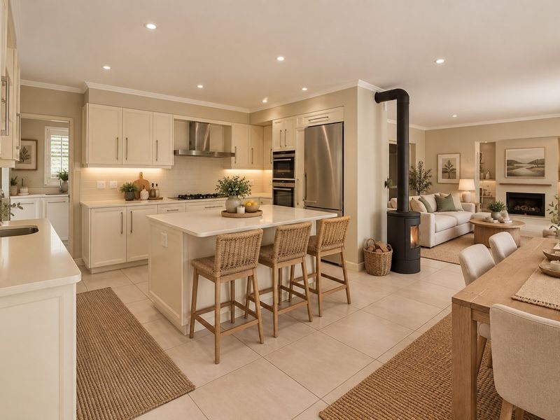 Spacious open-plan kitchen and living area featuring a central island, modern built-in appliances, tiled flooring, and a stylish freestanding fireplace.