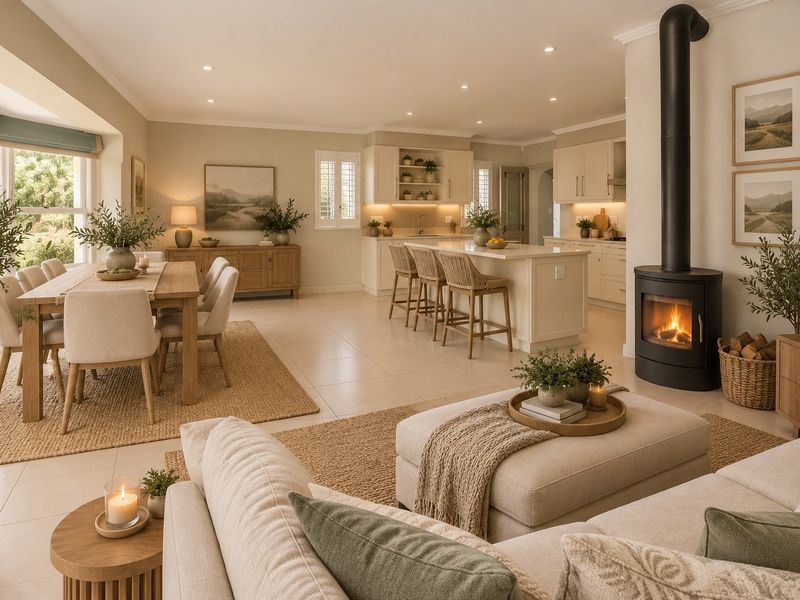 Spacious open-plan living, dining, and kitchen area featuring a modern freestanding fireplace, neutral cabinetry, and tiled flooring throughout.