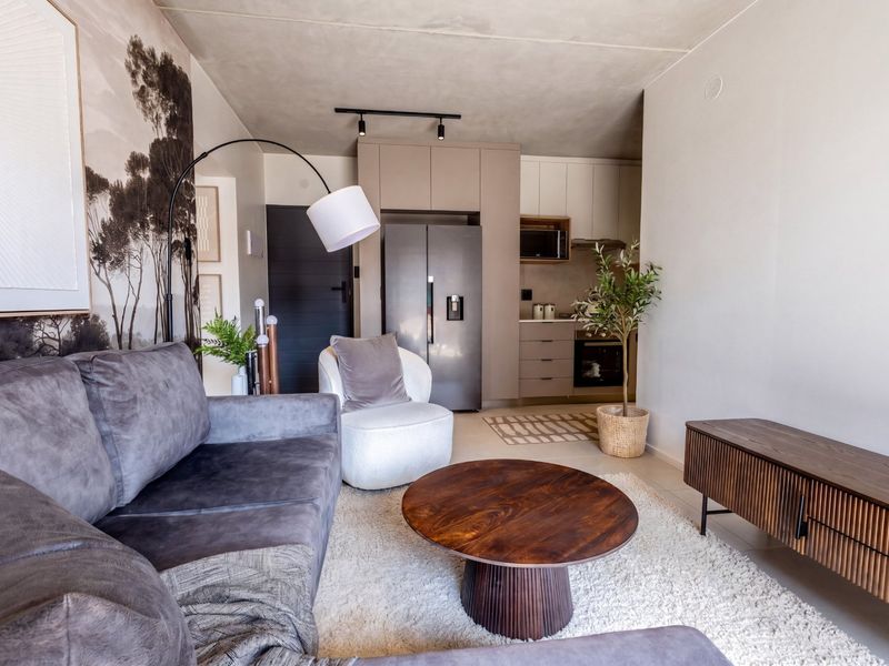 Modern open-plan living area featuring a sleek kitchen with built-in cabinetry, integrated appliances, and contemporary track lighting, seamlessly connected to the lounge space.