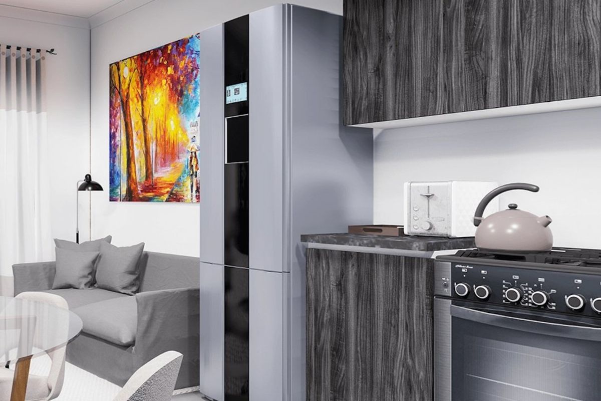 Modern open-plan living area featuring a contemporary kitchen with dark wood-grain cabinetry, integrated appliances, and sleek tiled flooring.