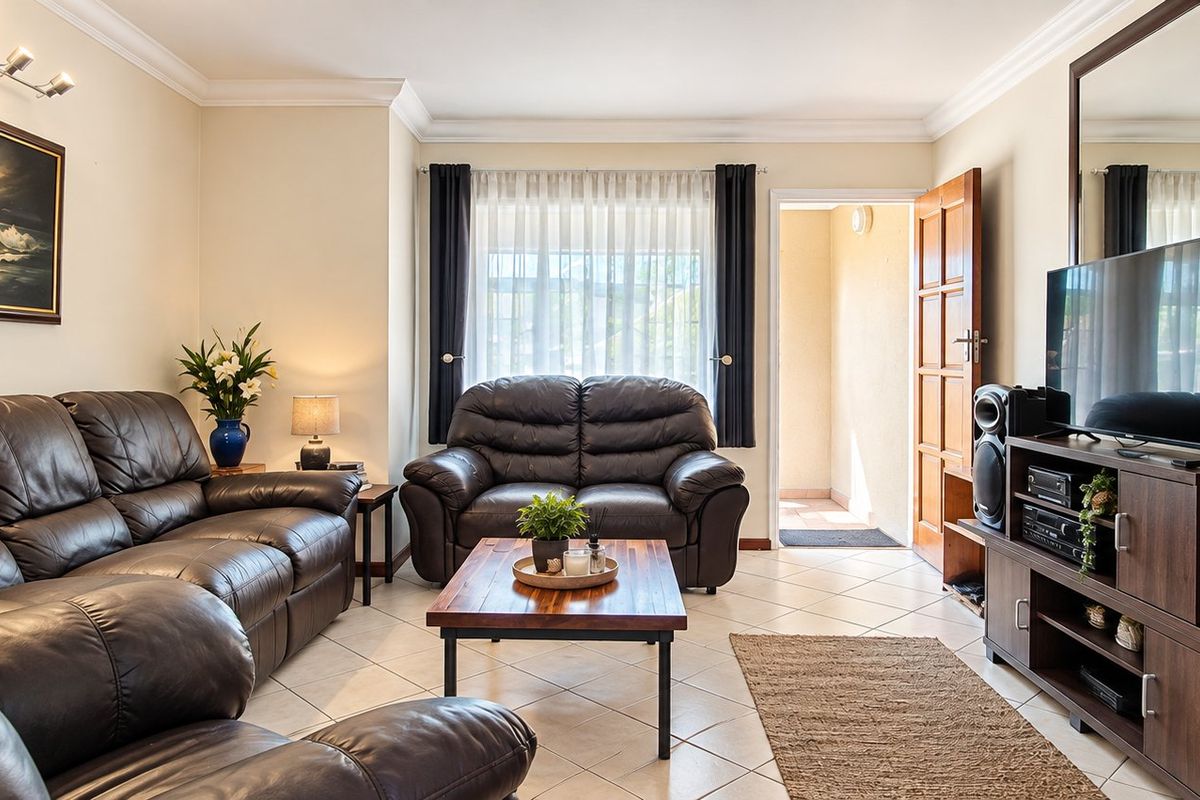 A well-maintained living room featuring tiled flooring, cove cornicing, and direct access to an outdoor area through a timber door.