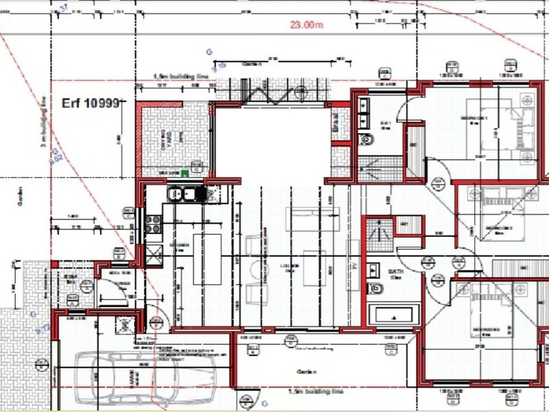 Architectural floor plan showing the layout of the house, including bedrooms, living areas, kitchen, and exterior spaces.