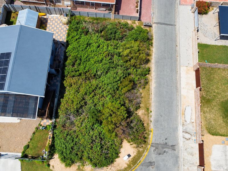 Aerial view of a vacant residential plot covered in dense vegetation, situated between established residential properties and a paved street.