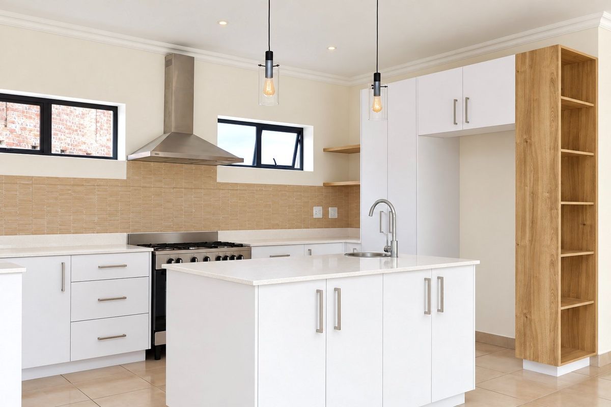 Modern kitchen featuring white cabinetry, stone countertops, a central island, stainless steel gas stove, and a tiled backsplash with contemporary pendant lighting.