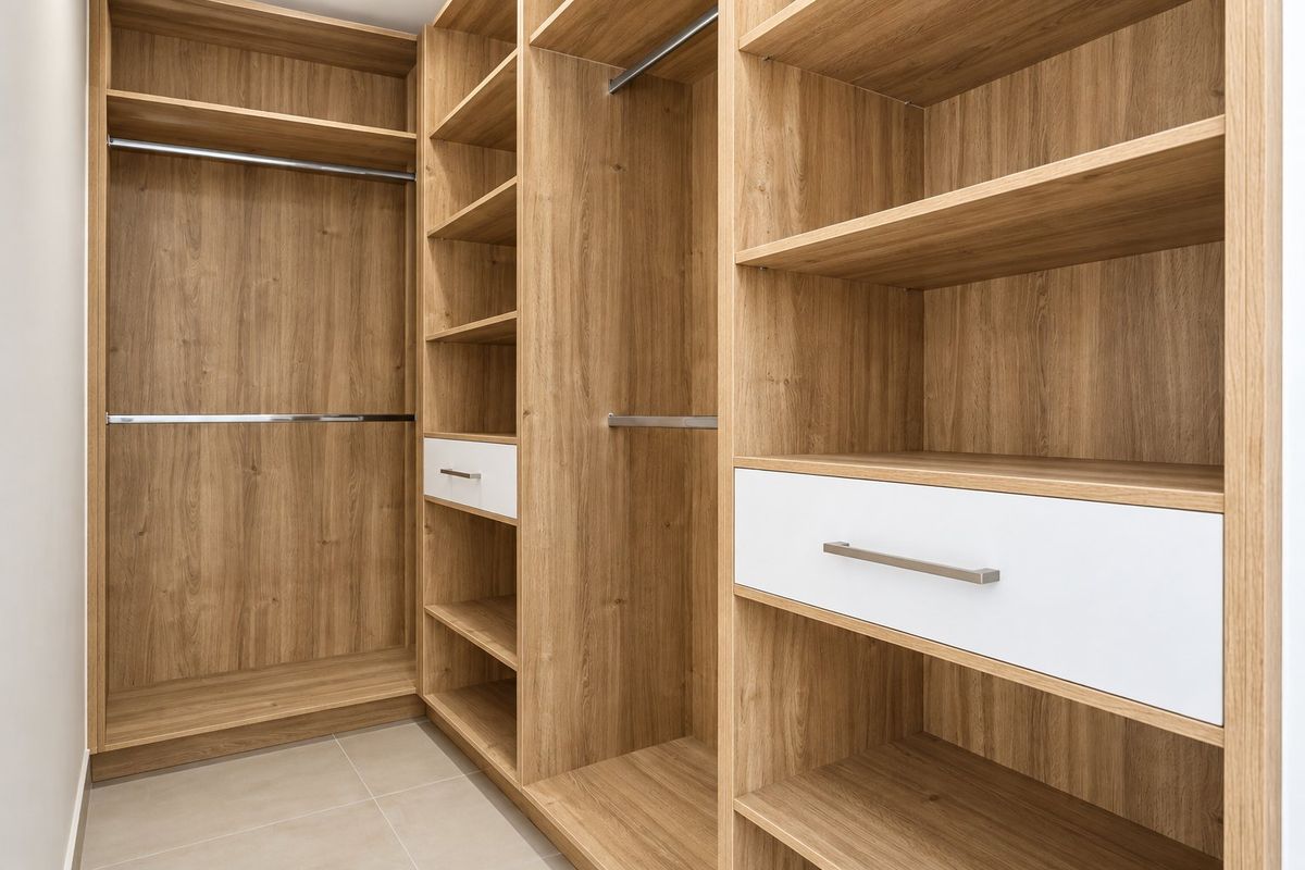 A modern walk-in closet featuring custom built-in wooden cabinetry with integrated shelving, hanging rails, and white drawer fronts.