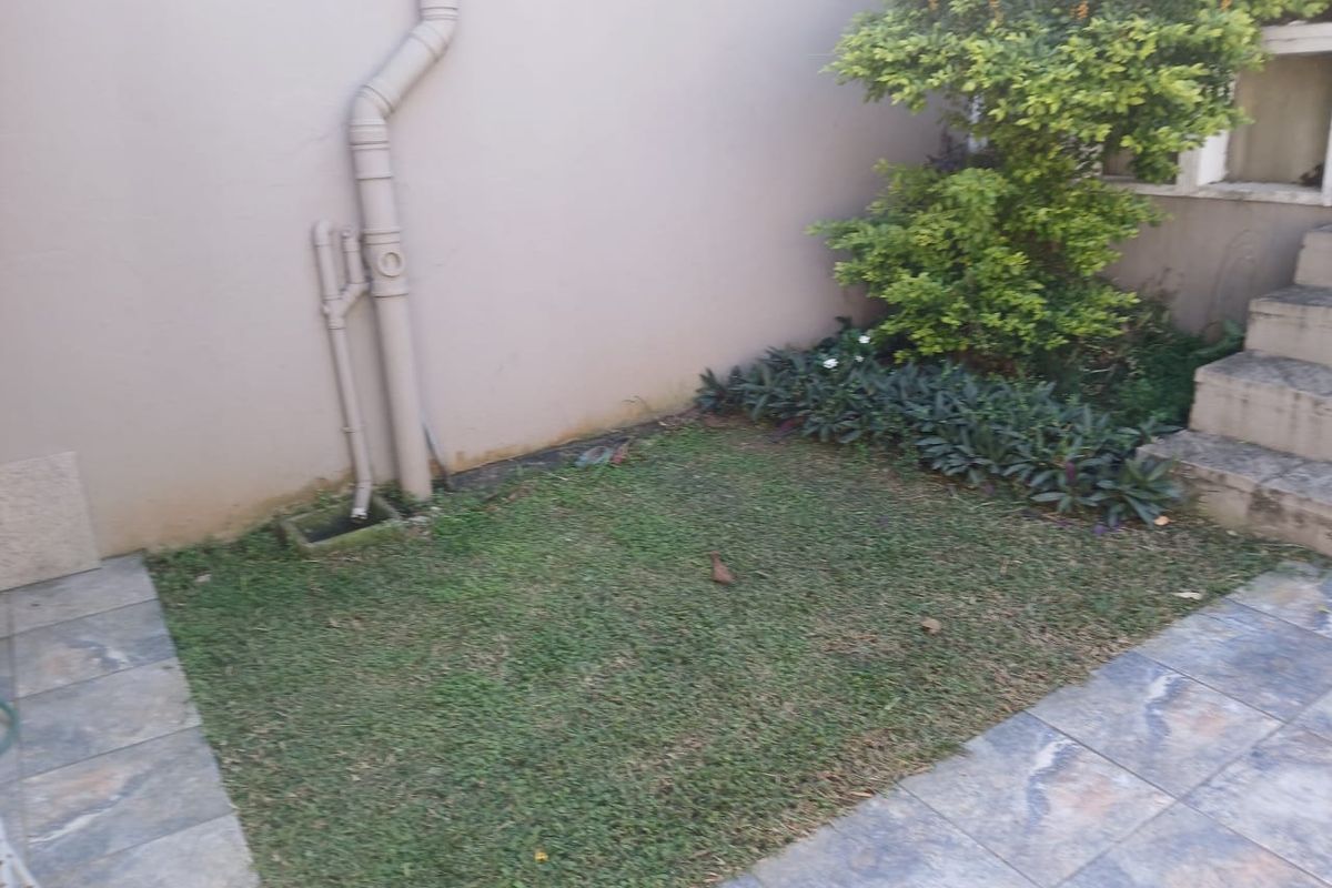 A small rear garden area featuring a tiled patio, a patch of lawn, and concrete steps leading up to the property.