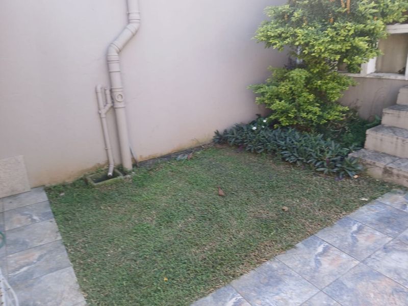 A small rear garden area featuring a tiled patio, a patch of lawn, and concrete steps leading up to the property.