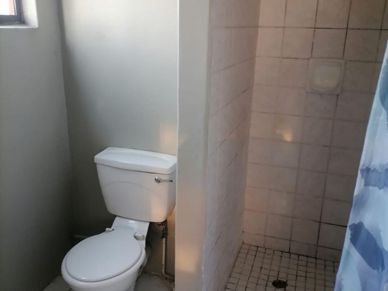 A functional bathroom featuring a standard toilet and a tiled shower enclosure with a raised threshold.