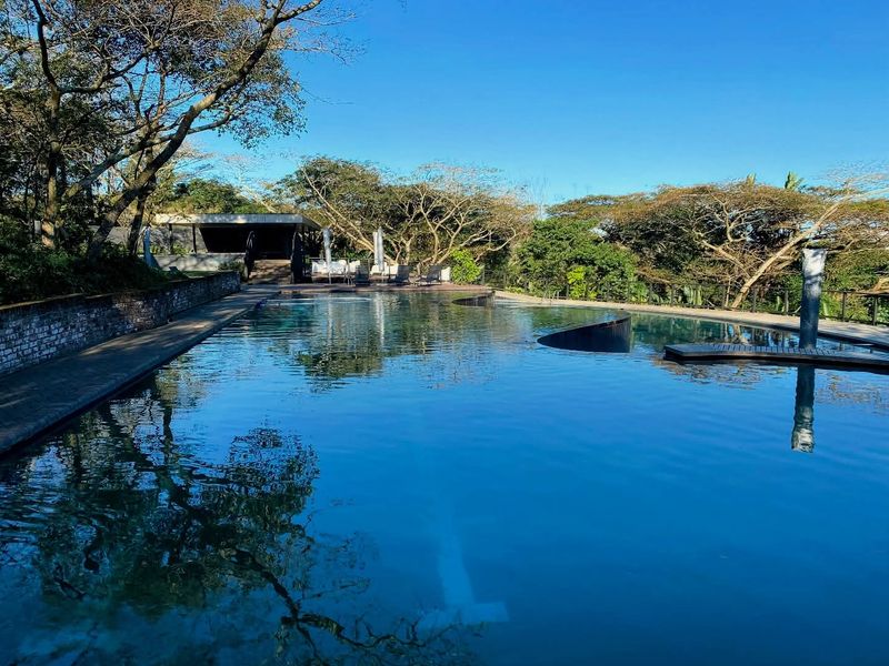A well-maintained outdoor swimming pool area featuring a large pool, brick retaining walls, and surrounding mature trees in a tranquil setting.