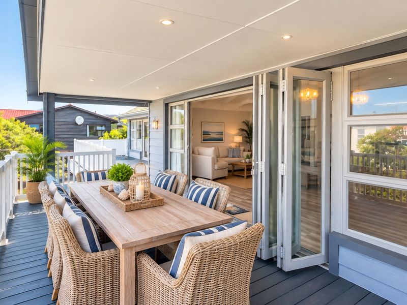 A spacious covered balcony featuring timber decking, white balustrades, and bi-fold doors that provide seamless indoor-outdoor flow to the living area.