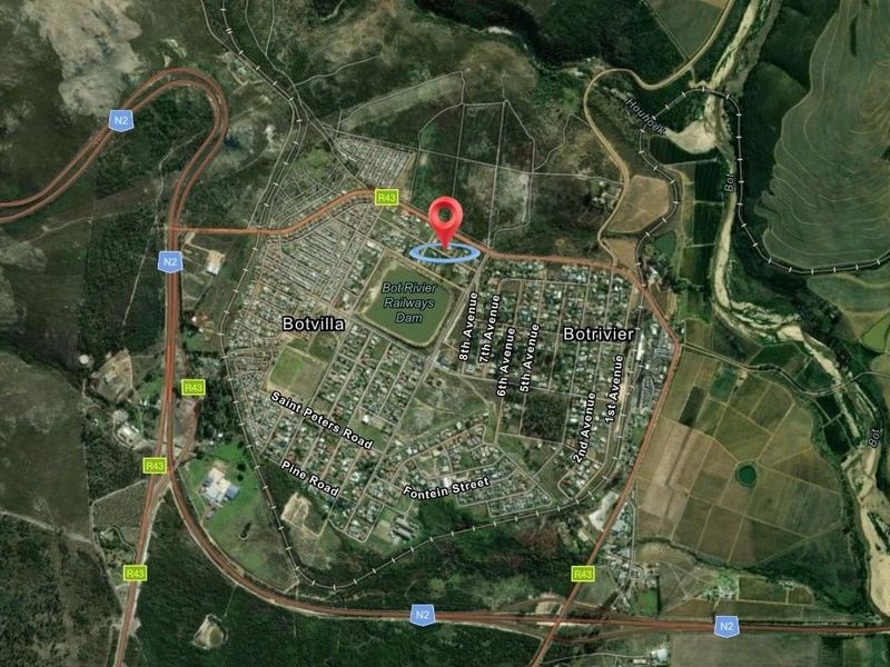 An aerial satellite view showing the location of the property within the Botrivier residential area.