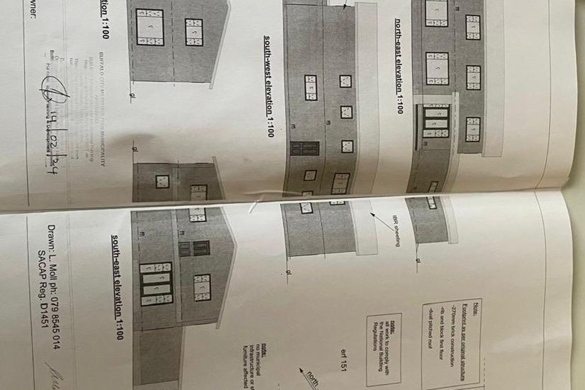 Architectural floor plan and elevation drawings for a proposed double-storey dwelling on Erf 150, Hawk Road, Sunrise-on-Sea.