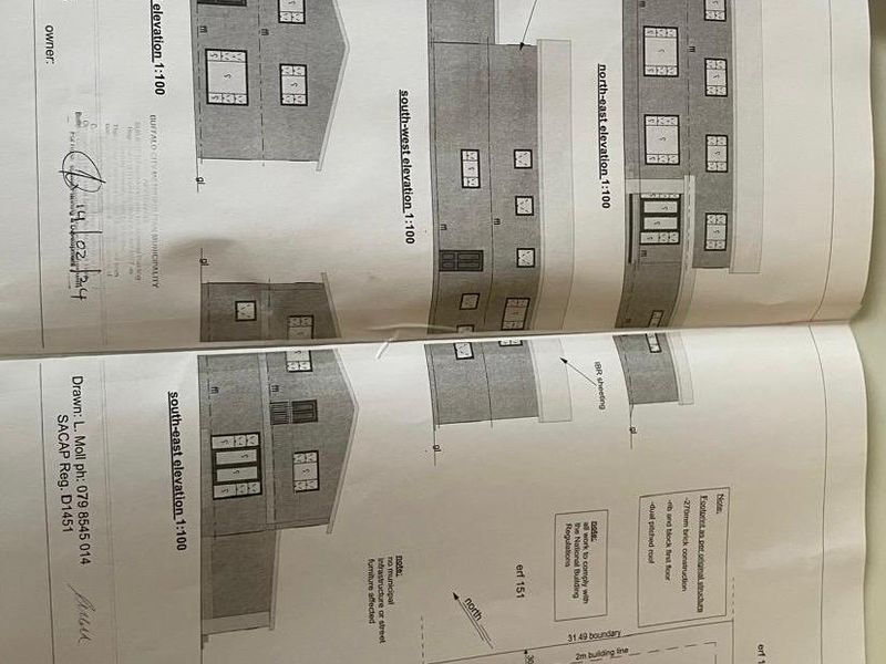 Architectural floor plan and elevation drawings for a proposed double-storey dwelling on Erf 150, Hawk Road, Sunrise-on-Sea.
