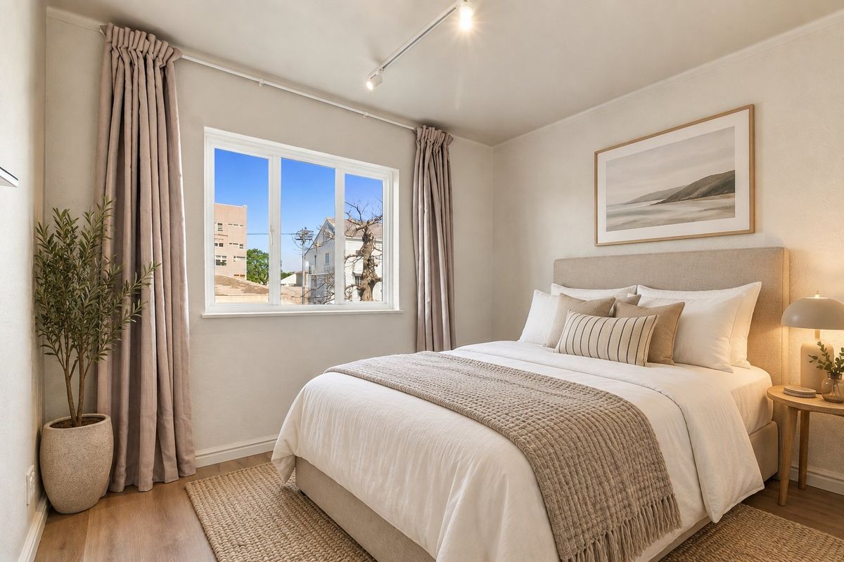 A well-maintained bedroom featuring neutral tones, track lighting, and laminate flooring, offering a bright and comfortable living space.