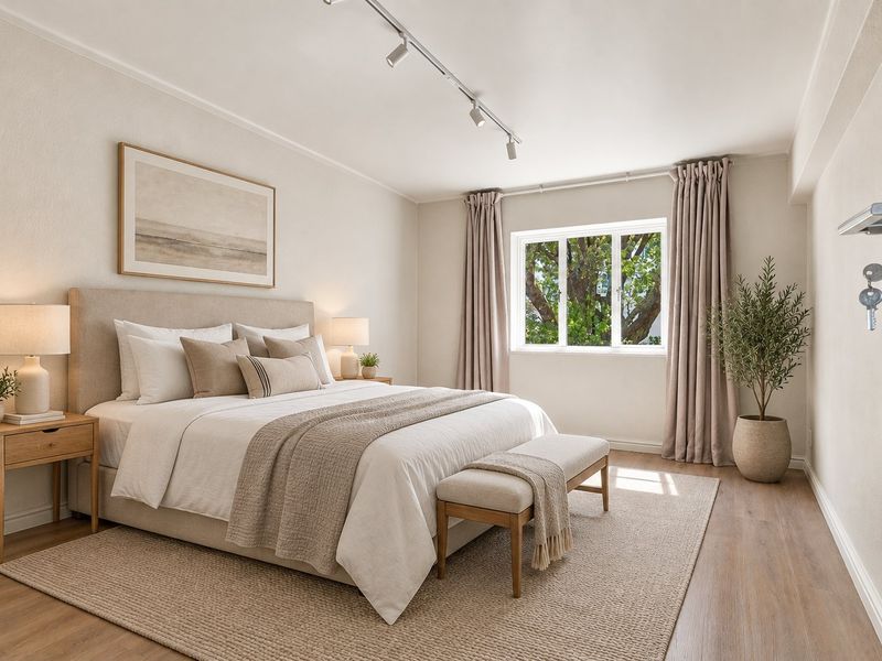 A well-lit bedroom featuring modern track lighting, neutral wall finishes, and durable laminate flooring with a view of mature trees.