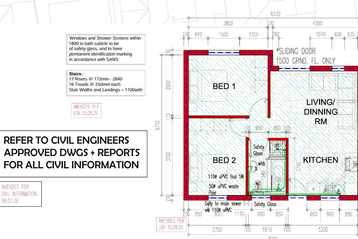 Architectural floor plan showing the layout of two bedrooms, a living and dining area, a kitchen, and a bathroom with plumbing specifications.