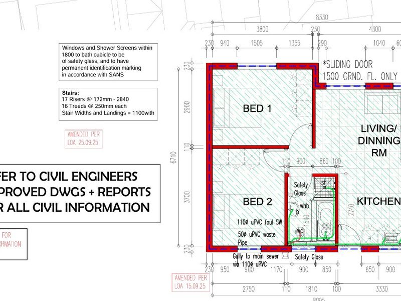 Architectural floor plan showing the layout of two bedrooms, a living and dining area, a kitchen, and a bathroom with plumbing specifications.
