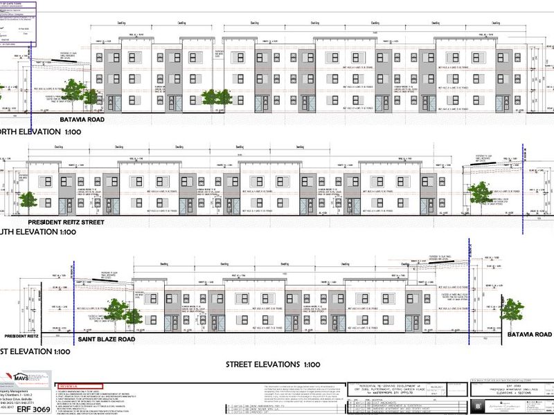 Architectural elevation drawings for the proposed apartment development, detailing the North, South, and East street-facing facades.