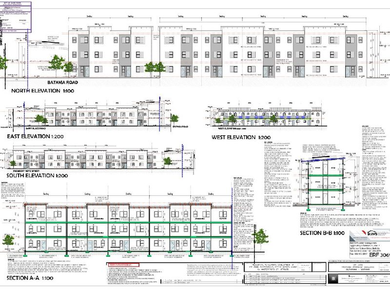 Architectural floor plan and elevation drawings for a residential apartment development, detailing building sections and facade designs.