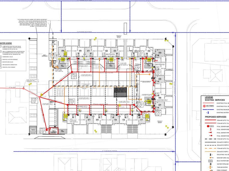 Technical site plan showing existing and proposed water and sewer infrastructure layout for the apartment complex.