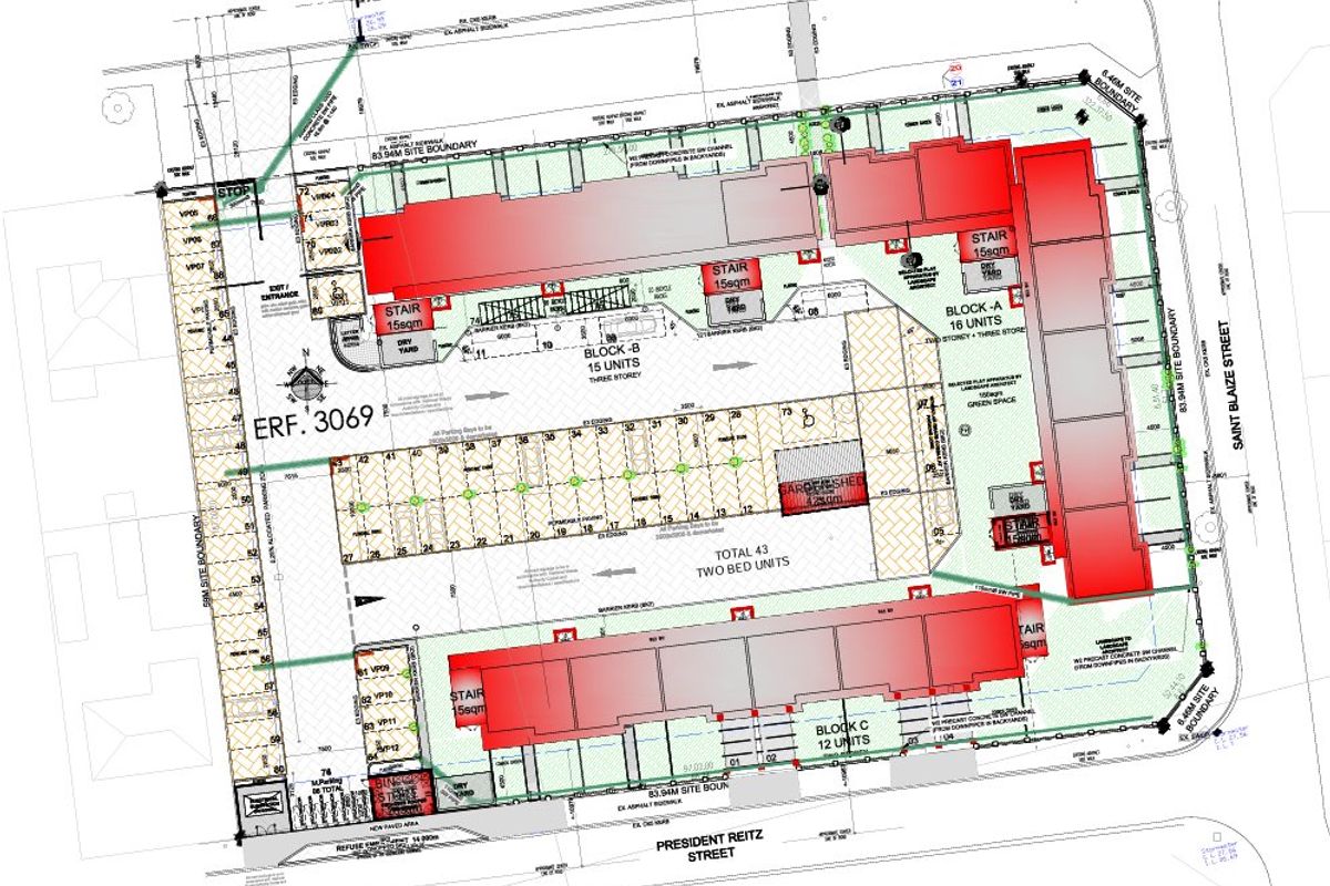 A detailed site development plan showing the layout of three apartment blocks, parking allocation, and site boundaries for Erf 3069.