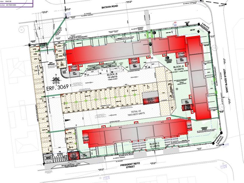 A detailed site development plan showing the layout of three apartment blocks, parking allocation, and site boundaries for Erf 3069.
