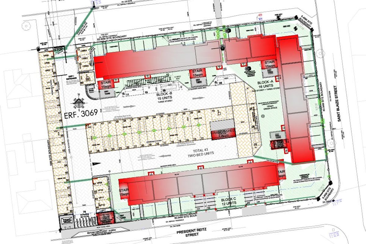 A detailed site development plan showing the layout of three apartment blocks, parking areas, and site boundaries for the property.