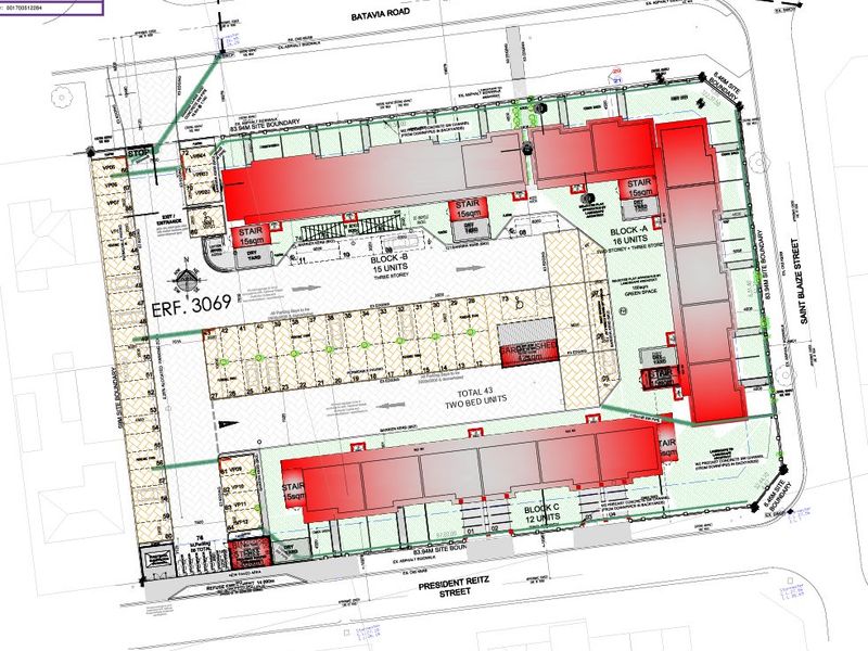 A detailed site development plan showing the layout of three apartment blocks, parking areas, and site boundaries for the property.
