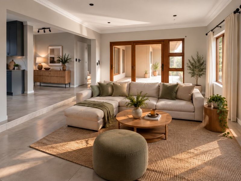 Spacious open-plan living area featuring tiled floors, crown molding, and seamless flow to an outdoor patio through timber-framed sliding doors.