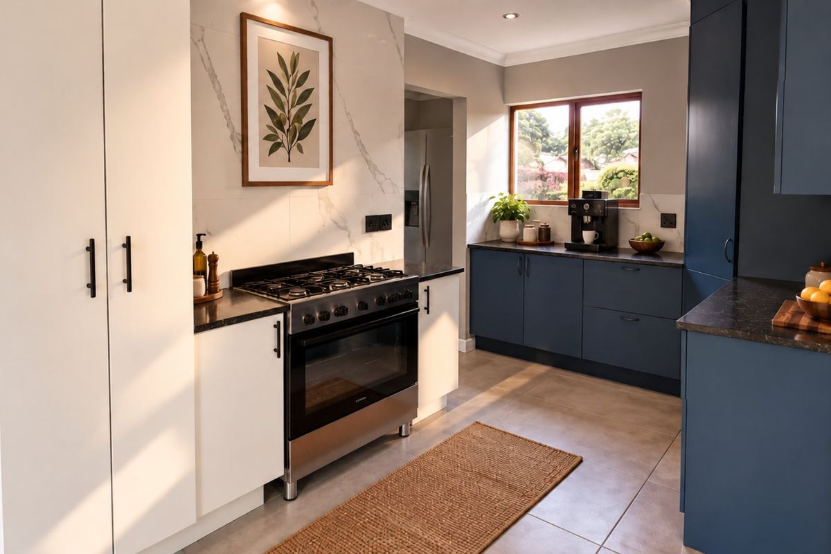 Modern kitchen featuring contrasting white and navy cabinetry, stone countertops, marble-look splashback, and a high-quality gas stove with oven.