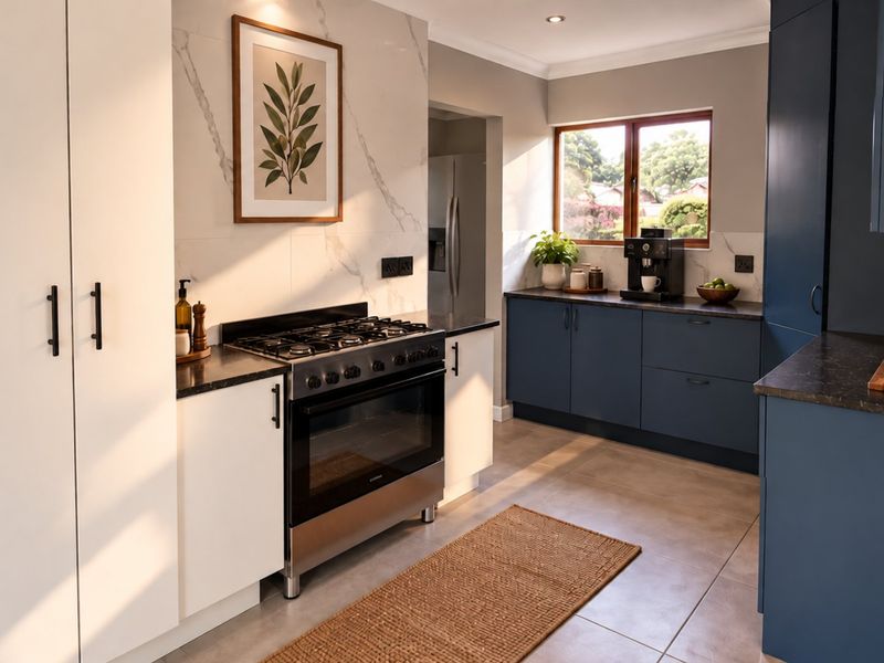 Modern kitchen featuring contrasting white and navy cabinetry, stone countertops, marble-look splashback, and a high-quality gas stove with oven.