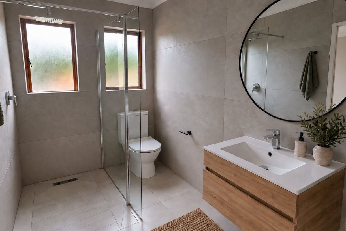 Modern bathroom featuring a walk-in shower with glass screen, wall-mounted vanity with basin, and neutral floor-to-ceiling tiling.