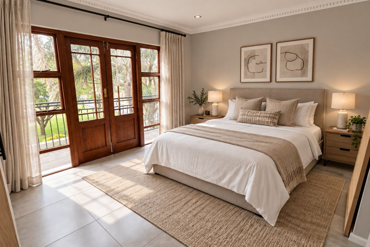 A well-maintained bedroom featuring tiled flooring, crown molding, and double wooden doors providing access to an outdoor area.