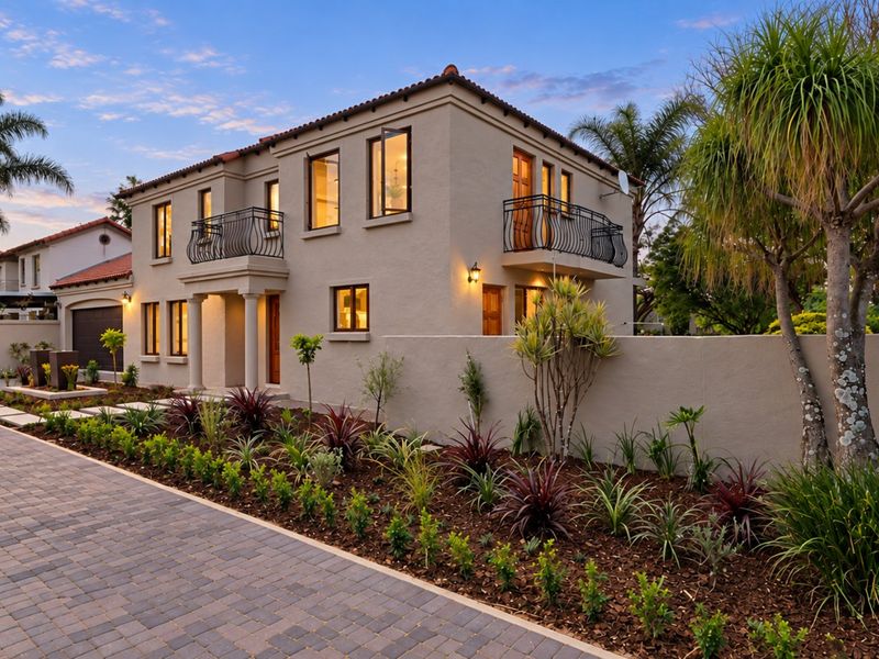 A well-maintained two-story residence featuring a paved driveway, landscaped garden, and elegant wrought iron balcony railings under a clear evening sky.