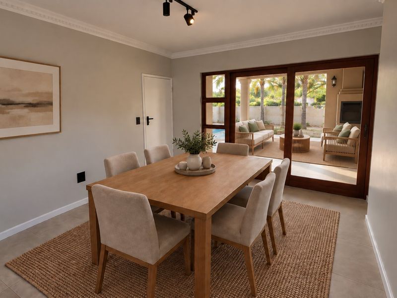 Bright dining room featuring tiled floors, crown molding, and large sliding glass doors that provide seamless access to the outdoor patio and pool area.
