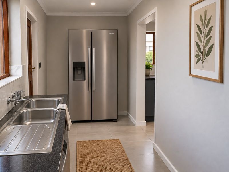 A clean and modern scullery featuring a double stainless steel sink, stone countertops, and neutral tiled flooring, providing a functional secondary prep area.