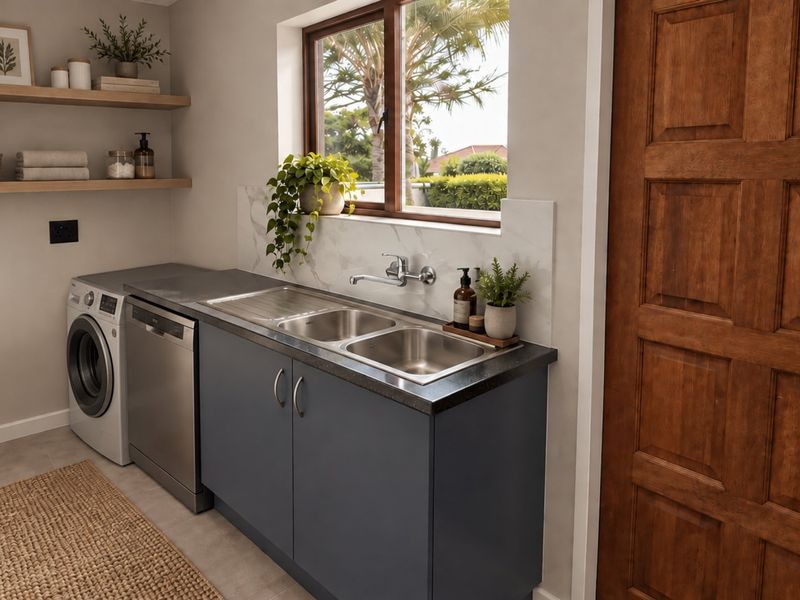 A modern, well-appointed laundry room featuring dark cabinetry, a double stainless steel sink, stone countertops, and floating timber shelving.