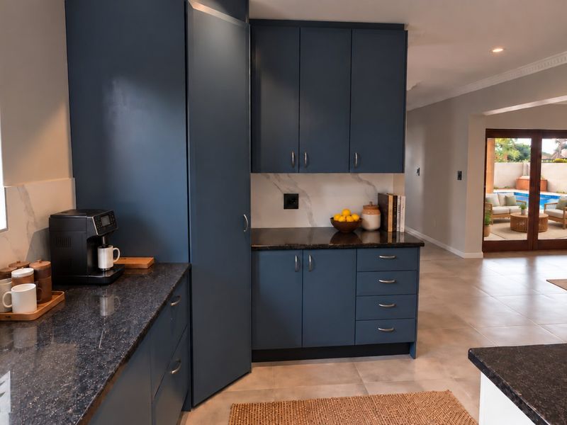 Modern open-plan kitchen featuring dark blue cabinetry, granite countertops, and marble-look backsplash, seamlessly flowing into the living area with access to the patio.