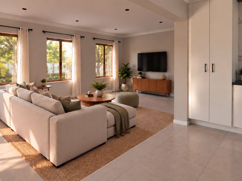 A bright and modern open-plan living area featuring tiled floors, recessed lighting, and a sleek kitchen corner with built-in cabinetry and stone-look finishes.