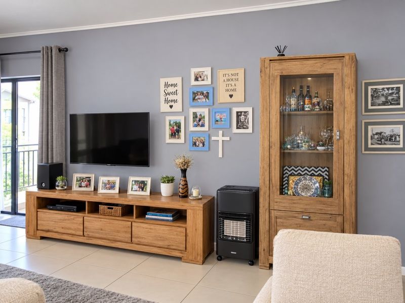 A well-maintained living room featuring neutral tiled flooring and a sliding glass door providing access to an outdoor balcony area.