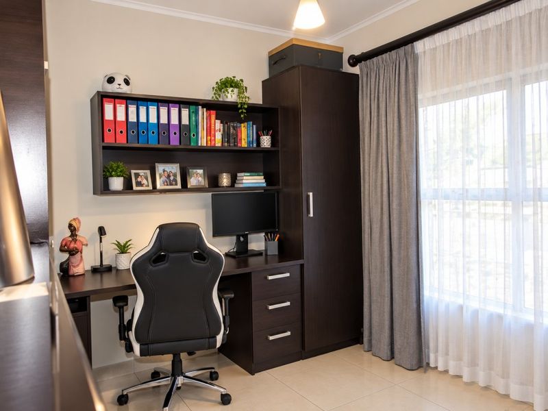 A functional home office featuring built-in dark wood cabinetry, integrated desk space, and shelving, complemented by neutral tiled flooring and natural light.