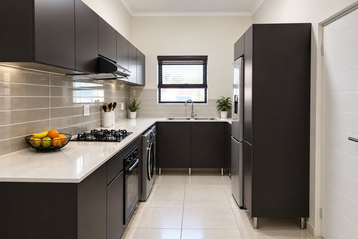 Modern kitchen featuring dark cabinetry, stone countertops, integrated gas hob, extractor fan, built-in oven, and tiled backsplash with neutral floor tiles.