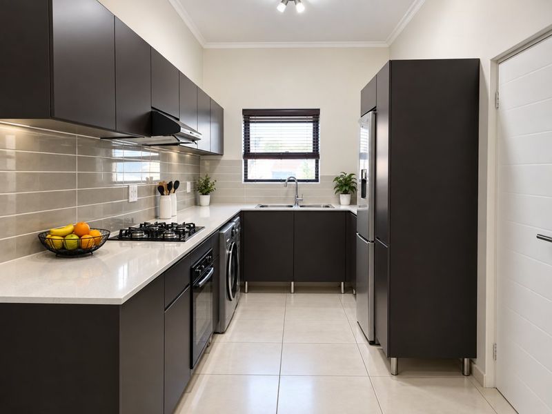 Modern kitchen featuring dark cabinetry, stone countertops, integrated gas hob, extractor fan, built-in oven, and tiled backsplash with neutral floor tiles.