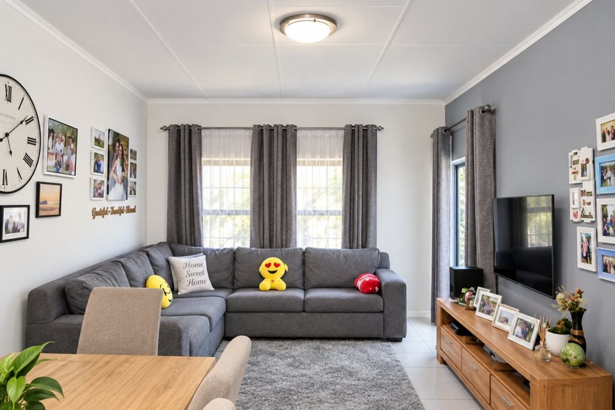 A well-maintained living room featuring tiled flooring, neutral wall tones, and large windows with curtain rods, providing a bright and comfortable living space.